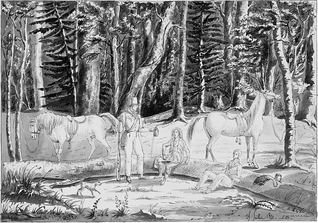 ‘Travelers with an Indian guide in the Saginaw Forest’; drawing by Gustave de Beaumont from his trip to North America with Alexis de Tocqueville, 1831