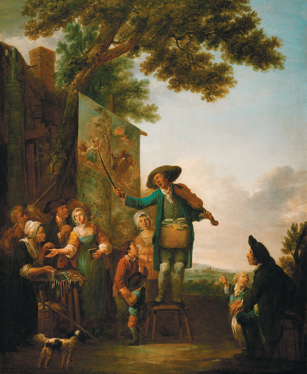 An itinerant singer performing while his companion sells trinkets and ballad booklets; painting by Louis Joseph Watteau, 1785