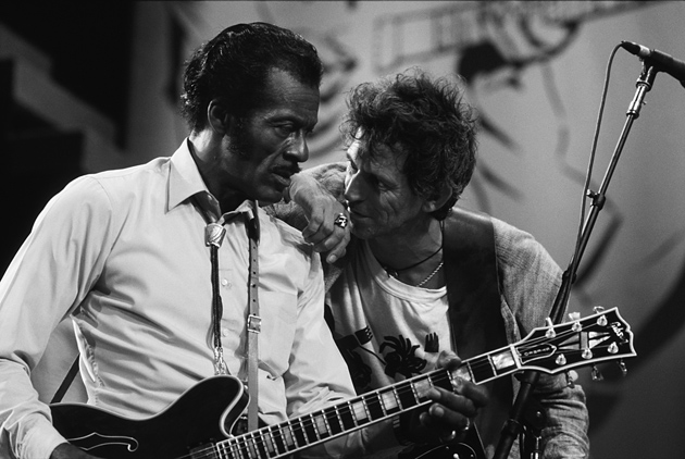 Chuck Berry with Keith Richards of the Rolling Stones in Saint Louis during  the filming of the documentary Hail! Hail! Rock ’n’ Roll, 1986 