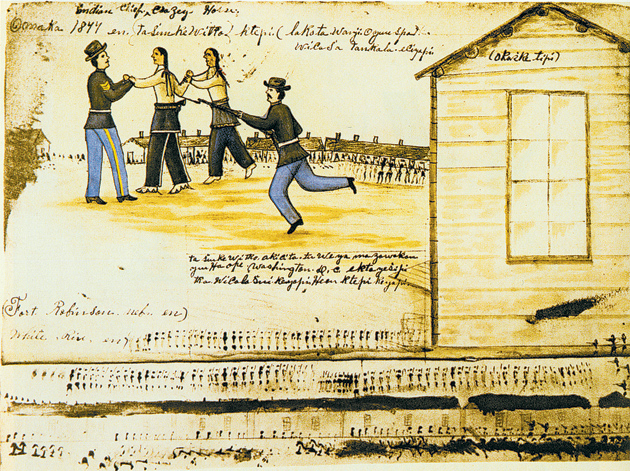 Crazy Horse’s last moments, recorded by the Oglala artist Amos Bad Heart Bull. According to Thomas Powers in The Killing of Crazy Horse, ‘One fact was remembered with special clarity by almost every witness—Little Big Man’s effort to hold Crazy Horse as he struggled to escape, shown here in Bad Heart Bull’s drawing.’
