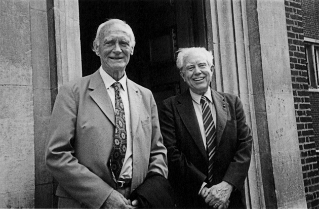 Elliott Carter (right) with William Glock, who as head of music at the BBC from 1959 to 1973 was one of the most important advocates of modernist music, at the back entrance of the Royal Albert Hall, London, 1985
