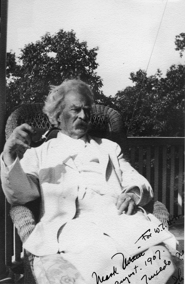 Mark Twain, Tuxedo, New York, 1907; photograph by Isabel Lyon from ‘Mark Twain: A Skeptic’s Progress,’ a recent exhibition at the Morgan Library and Museum. The catalog is published by the New York Public Library.
