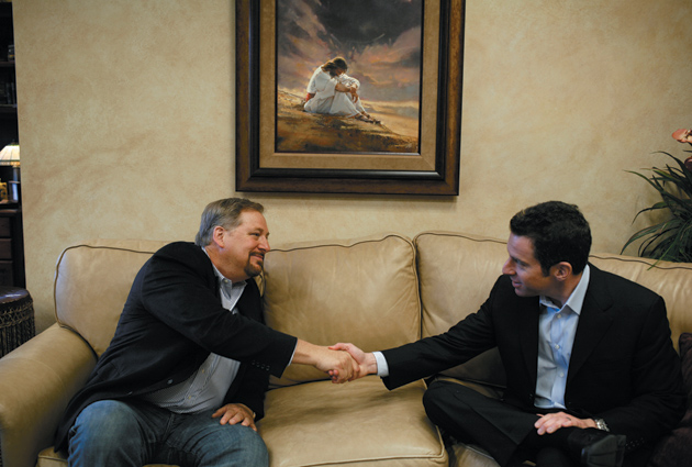 Sam Harris, right, with the evangelical pastor Rick Warren at a group discussion on religion and faith at Warren’s Saddleback Church, Lake Forest, California, March 2007
