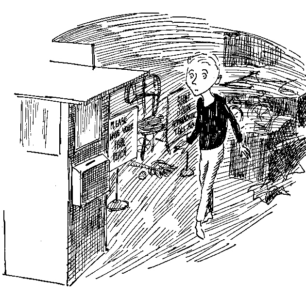 Milo approaching the tollbooth in his bedroom; illustration by Jules Feiffer from Norton Juster’s The Phantom Tollbooth
