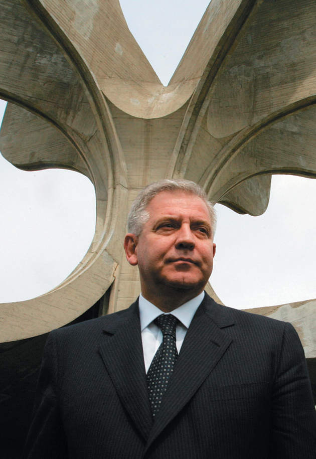 Former Croatian prime minister Ivo Sanader at the Jasenovac Memorial Area, where, in April 2005, he gave a speech expressing regrets to the Serbian, Jewish, Roma, and Croatian victims of the mass killings carried out by the Ustasha during World War II. He was arrested on charges of corruption in December 2010 and is awaiting trial.
