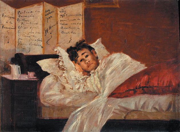 Arthur Rimbaud in bed after Paul Verlaine shot him in the wrist; painting by Jef Rosman, 1873
