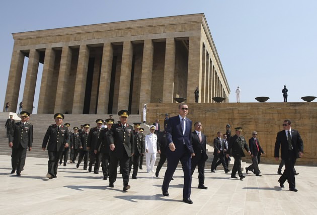 Prime Minister Recep Tayyip Erdogan and top military commanders at the mausoleum of Kemal Ataturk after the military's annual meeting, August 1, 2011, Ankara, Turkey