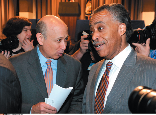 Lloyd Blankfein, chairman and CEO of Goldman Sachs, and Al Sharpton at the Cooper Union, where President Barack Obama was giving a speech on financial regulation, New York City, April 22, 2010
