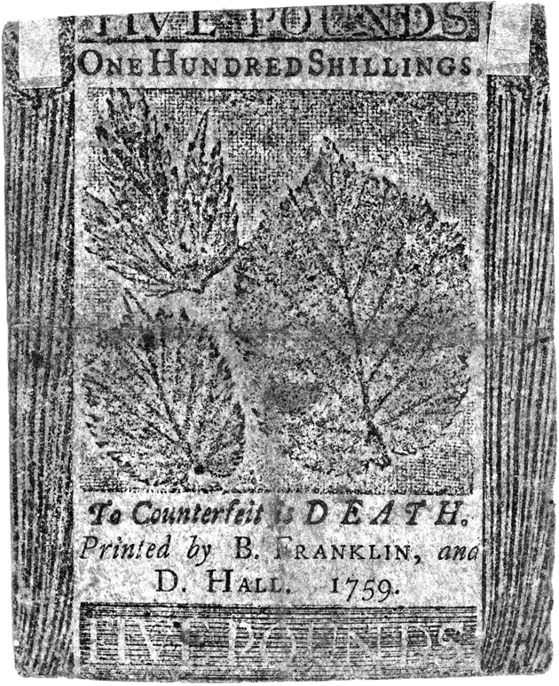 A one-hundred-shilling note printed by Benjamin Franklin and David Hall, 1759

