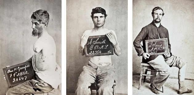 Charles H. Greenfield (left), wounded April 2, 1865 at Petersberg, VA; A. Smith (center), wounded April 16, 1864 at Southside Railroad; P. Ferris (right), gunshot wound, left leg