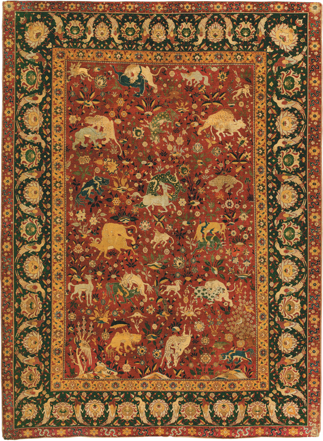 Silk animal rug; 95 x 70 inches, made in Iran, probably Kashan, 1550–1600
