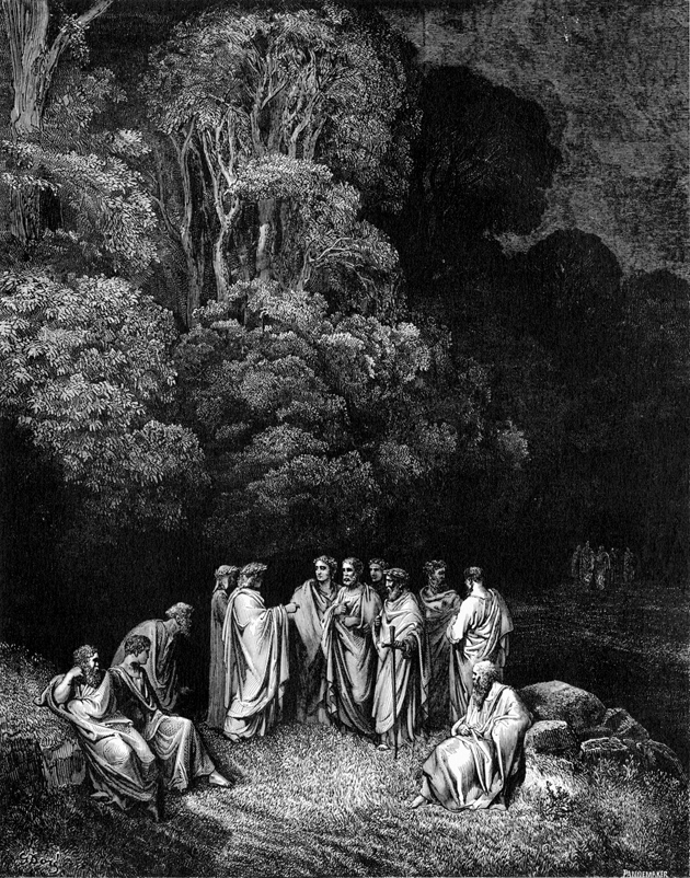 Dante and Virgil in the first circle of hell, meeting classical poets, including Homer, Horace, Ovid, and Lucan, who were virtuous in life but are condemned to Limbo because they were never baptized; engraving by Gustave Doré