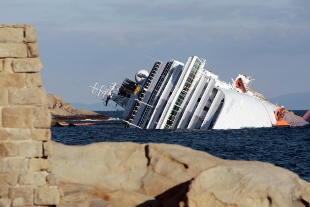 The cruise ship Costa Concordia leans on its side on January 17, 2012, after running aground on the Tuscan island of Giglio, Italy
