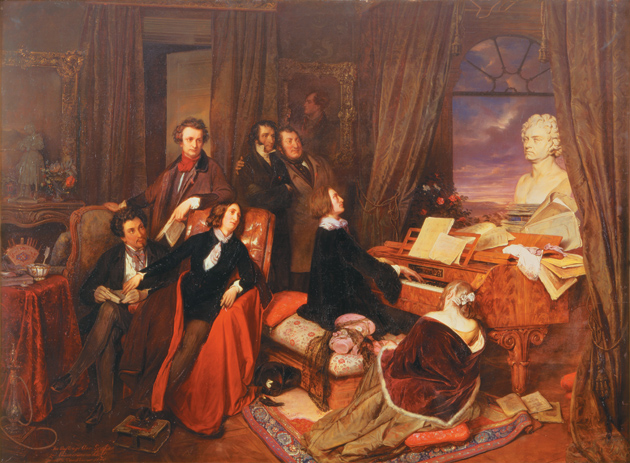 Josef Danhauser: Franz Liszt at the Piano, 1840. Seated are Alexandre Dumas Sr., George Sand, and Marie d’Agoult; standing are Hector Berlioz, Nicolò Paganini, and Gioachino Rossini. On the piano is a bust of Beethoven by Anton Dietrich,and on the wall is a portrait of Byron. 
