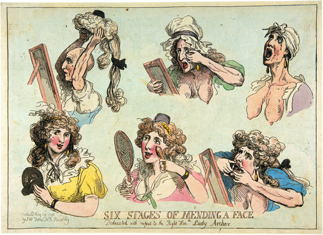Thomas Rowlandson: Six Stages of Mending a Face, Dedicated with Respect to the Right Hon.ble Lady Archer, May 29, 1792; from the exhibition ‘Infinite Jest: Caricature and Satire from Leonardo to Levine,’ on view at the Metropolitan Museum of Art, New York City, through March 4, 2012