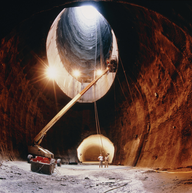 Construction of an underground shaft for the Superconducting Super Collider in Texas. The SSC was supposed to be the largest particle accelerator in the world, but its funding was canceled by Congress in 1993.
