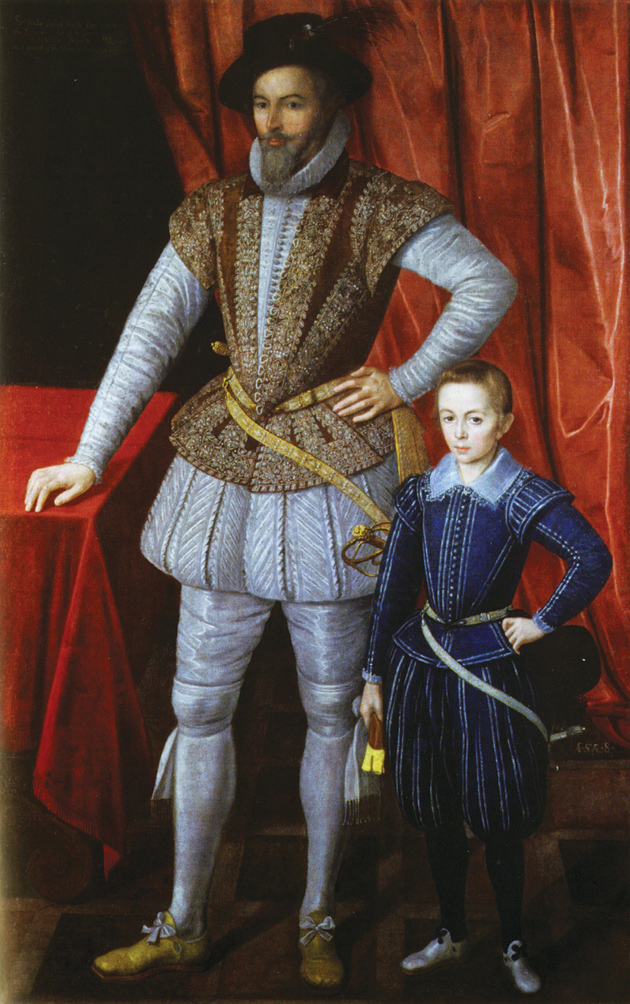 Sir Walter Ralegh and his son, Walter, 1602; artist unknown
