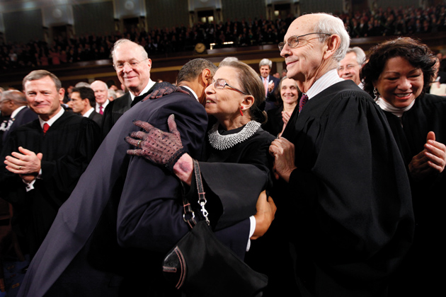 President Obama with Supreme Court Justices John Roberts, Anthony Kennedy, Ruth Bader Ginsburg, Stephen Breyer, and Sonia Sotomayor before his State of the Union address on Capitol Hill, January 24, 2012
