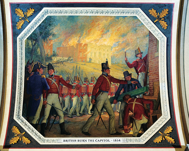 Allyn Cox: British Burn the Capitol, 1814, a 1974 mural on the ceiling of the Hall of Capitols in the US Capitol, Washington, D.C.
