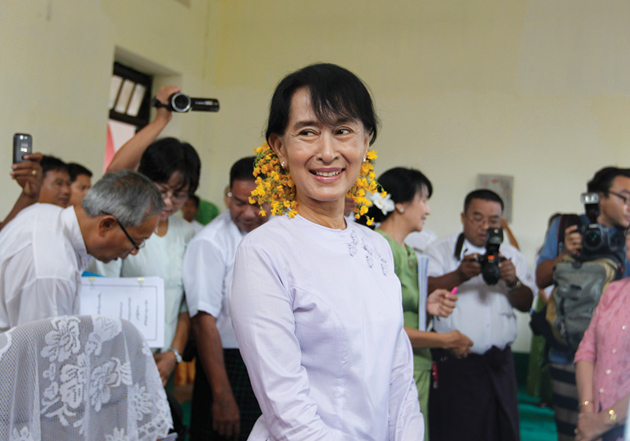 Aung San Suu Kyi at the Thanlyin township election office on the outskirts of Rangoon, after winning a seat in Burma’s parliament, May 9, 2012
