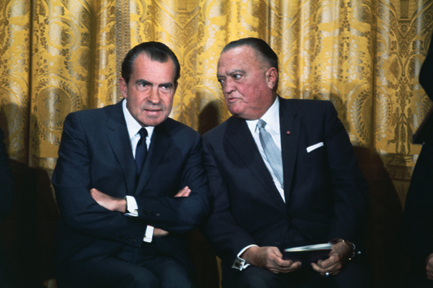 J. Edgar Hoover with President Nixon at an FBI Academy graduation ceremony held at the White House, May 1969. Hoover named Nixon an honorary member of the FBI.
