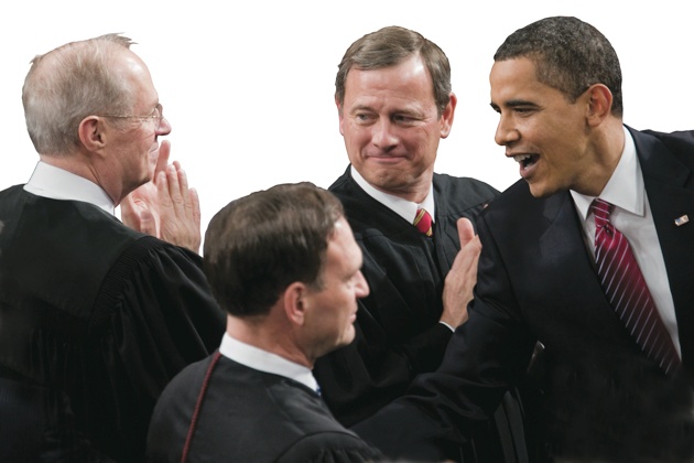 President Obama with Supreme Court Justices Anthony Kennedy, Samuel Alito, and John Roberts before addressing a joint session of Congress, Washington, D.C., February 2009
