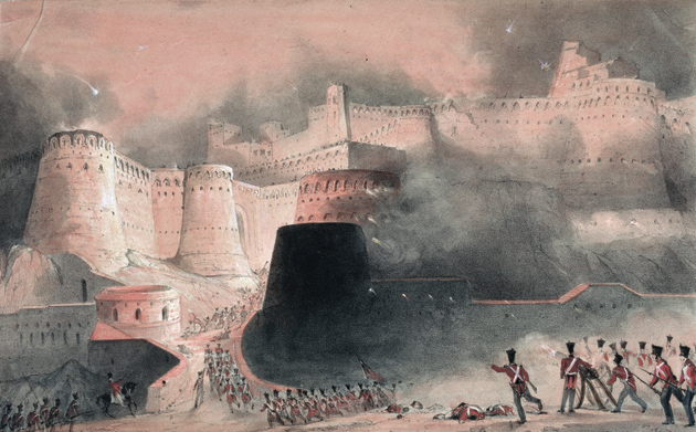 The storming of Kabul Gate by the British in 1839; nineteenth-century English watercolor

