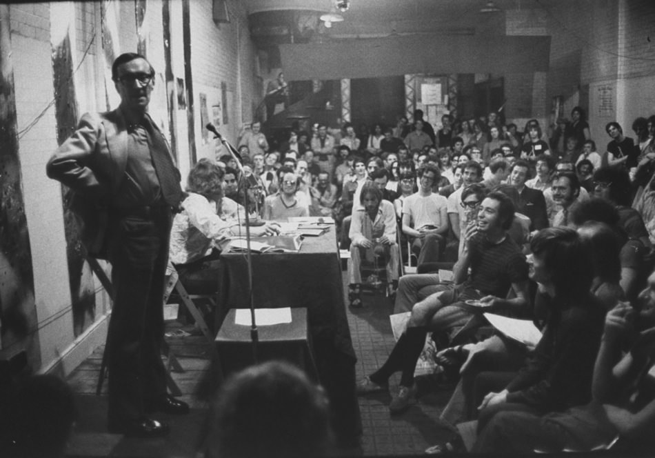 Merle Miller speaking to activists, January, 1971