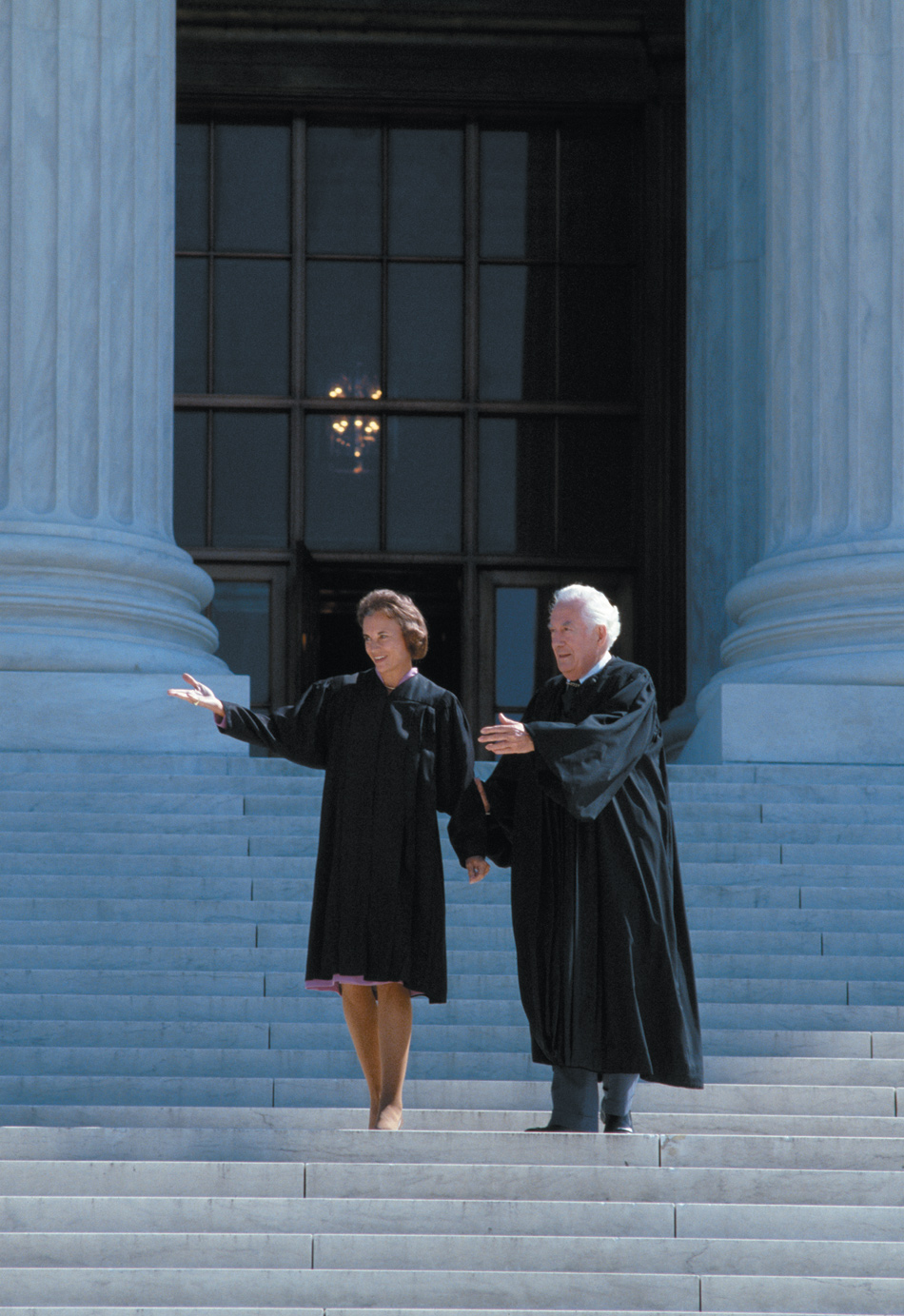 Chief Justice Warren Burger and newly appointed Justice Sandra Day O’Connor on the steps of the Supreme Court building, Washington, D.C., September 1981
