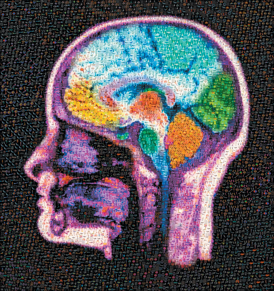 A digital mosaic of the brain, using images from X-rays, CT sans, and MRI scans
