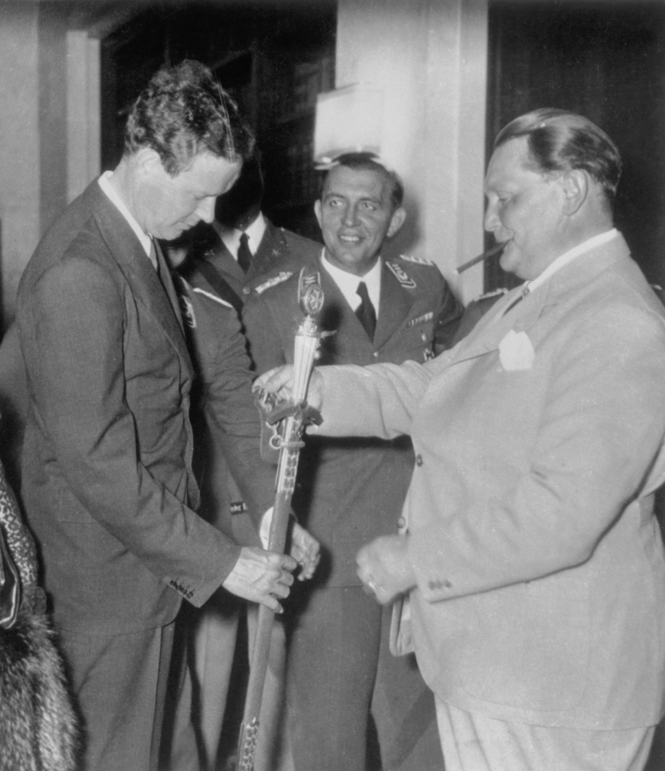 Charles Lindbergh examining a sword with Hermann Göring, August 1936
