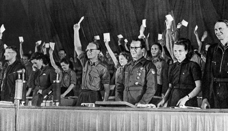 The East German Communist youth organization Free German Youth electing Erich Honecker (third from right) as chairman, Berlin, 1946
