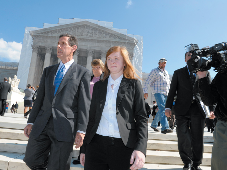 Abigail Fisher, the plaintiff in Fisher v. University of Texas, outside the Supreme Court with Edward Blum, who runs a project that seeks to end affirmative action, October 10, 2012
