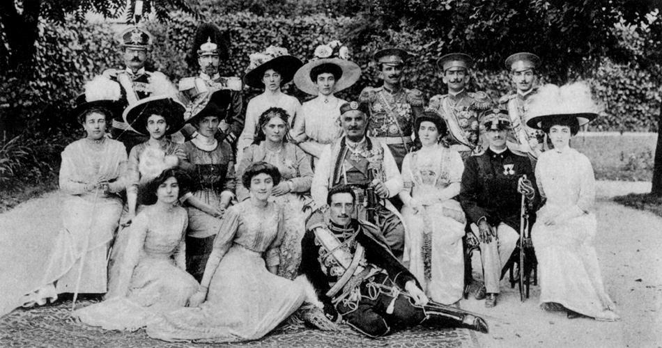 King Nikola and his family at the time of the proclamation of the Kingdom of Montenegro, 1910. In the foreground, reclining, is the king’s grandson, Crown Prince Aleksandar of Serbia, who later became the first king of Yugoslavia.
