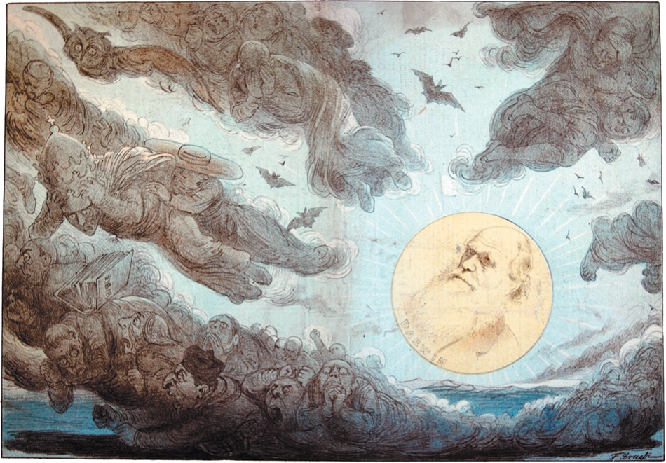 ‘A Sun of the Nineteenth Century’; cartoon from Puck magazine showing Charles Darwin as a shining sun, chasing the clouds of religion and superstition from the sky, 1882
