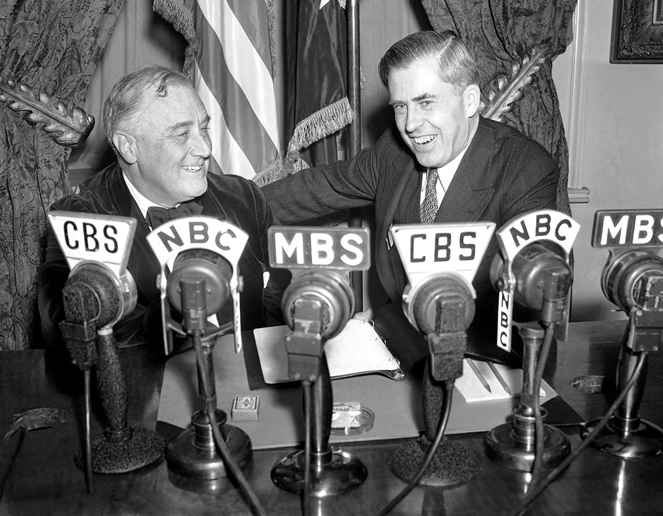 President Franklin D. Roosevelt and Secretary of Agriculture Henry Wallace during a broadcast from the White House in 1940, the year Roosevelt named Wallace as his vice-presidential running mate