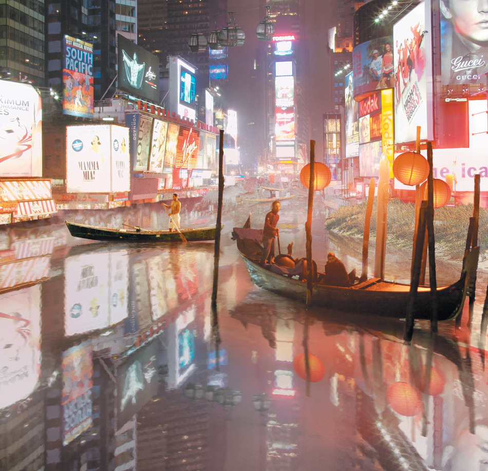 ‘Times Square Flooded’; from the ‘Aqualta’ series by the architectural firm Studio Lindfors, whose renderings imagine how New York and Tokyo might adapt to allow rising sea levels to enter the cities