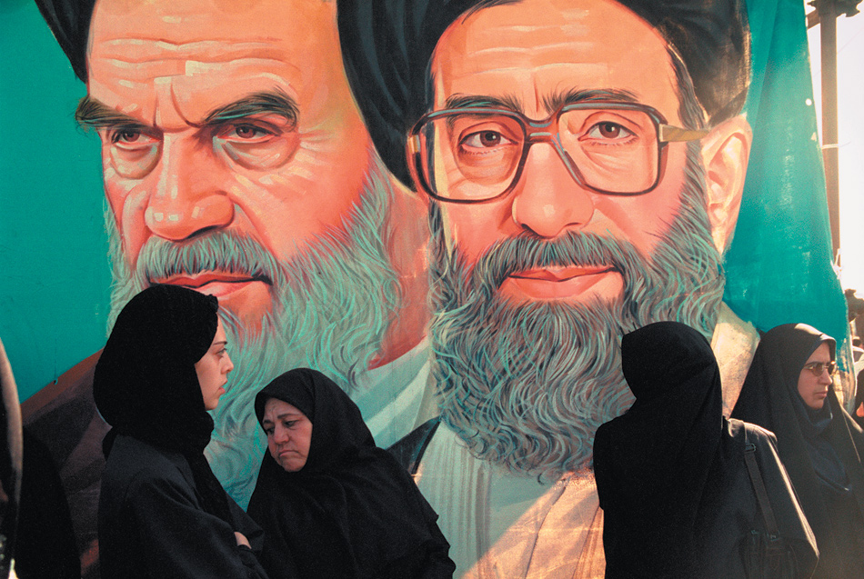 Portraits of Iran’s supreme leaders, Ayatollahs Khomeini and Khamenei, Tehran, May 2001
