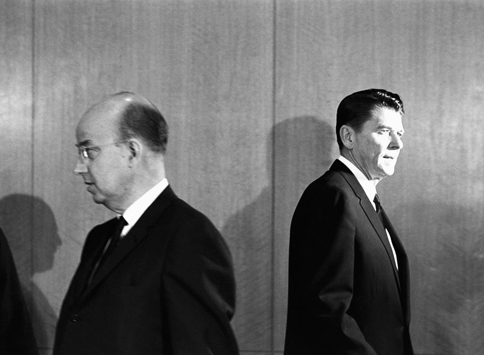 Clark Kerr and Ronald Reagan leaving the meeting of the University of California’s board of regents at which Kerr was fired from his position as president of the university at Reagan’s insistence, Berkeley, January 1967