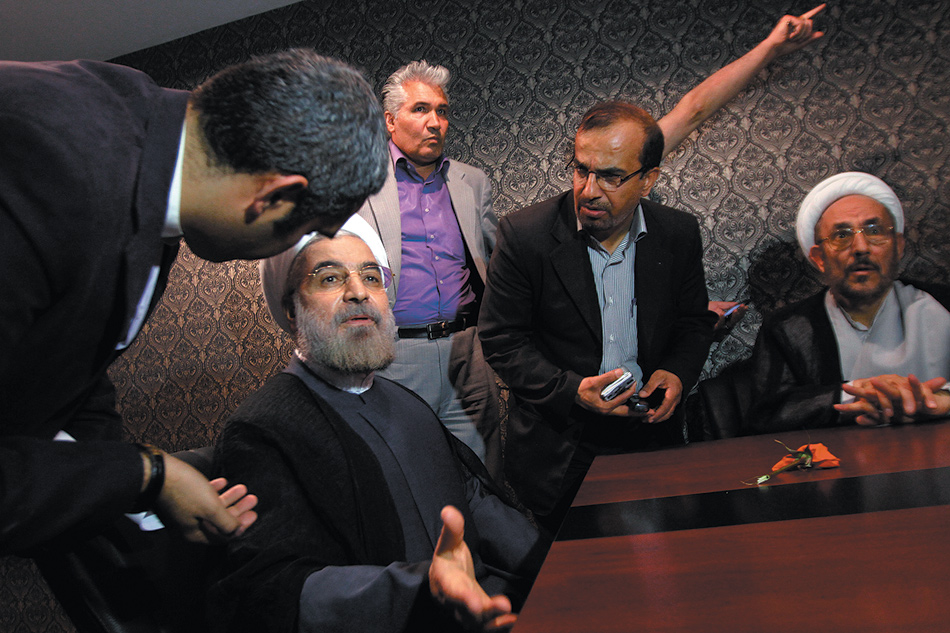 Hassan Rouhani, two weeks before he won Iran’s presidential elections, speaking to his advisers before appearing at a campaign rally, Tehran, May 30, 2013