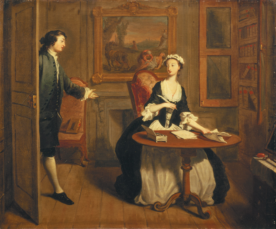 A scene from Samuel Richardson’s novel Pamela, in which Mr. B. comes upon Pamela writing; painting by Joseph Highmore, 1744. Benjamin Franklin printed an edition of Pamela in 1742, and Jill Lepore writes that it is likely he gave a copy to his sister Jane.