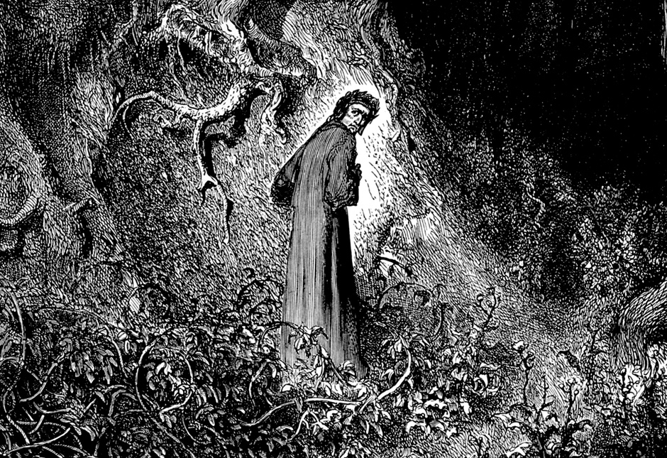 Dante ‘lost in a wood so dark’ (Clive James’s translation) at the beginning of the Inferno; detail of an engraving by Gustave Doré
