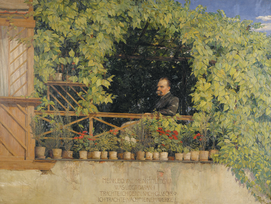 Friedrich Nietzsche on the veranda of his parents’ house in Naumburg; portrait by Curt Stoeving, 1894. The inscription is from Thus Spoke Zarathustra: ‘My suffering and my pity/What do I care!/Am I striving for happiness?/I am striving for my work.’