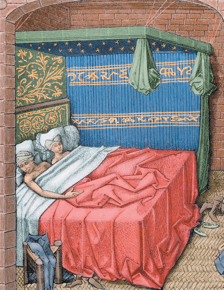 A colored engraving of a couple in bed from Miracles de Notre Dame, fifteenth century