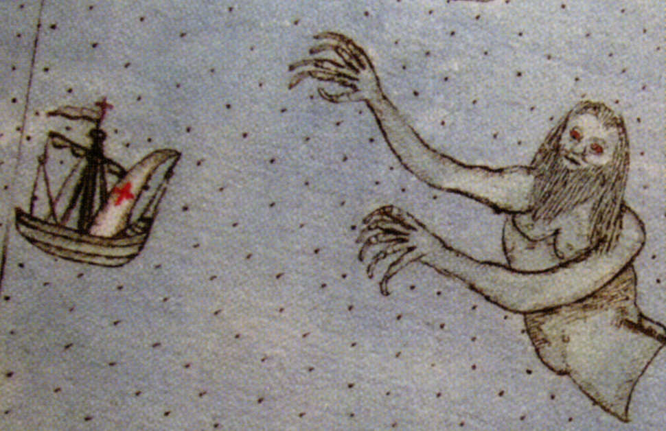 A haunting humanoid sea monster; from Urbano Monte's manuscript atlas, 1590 