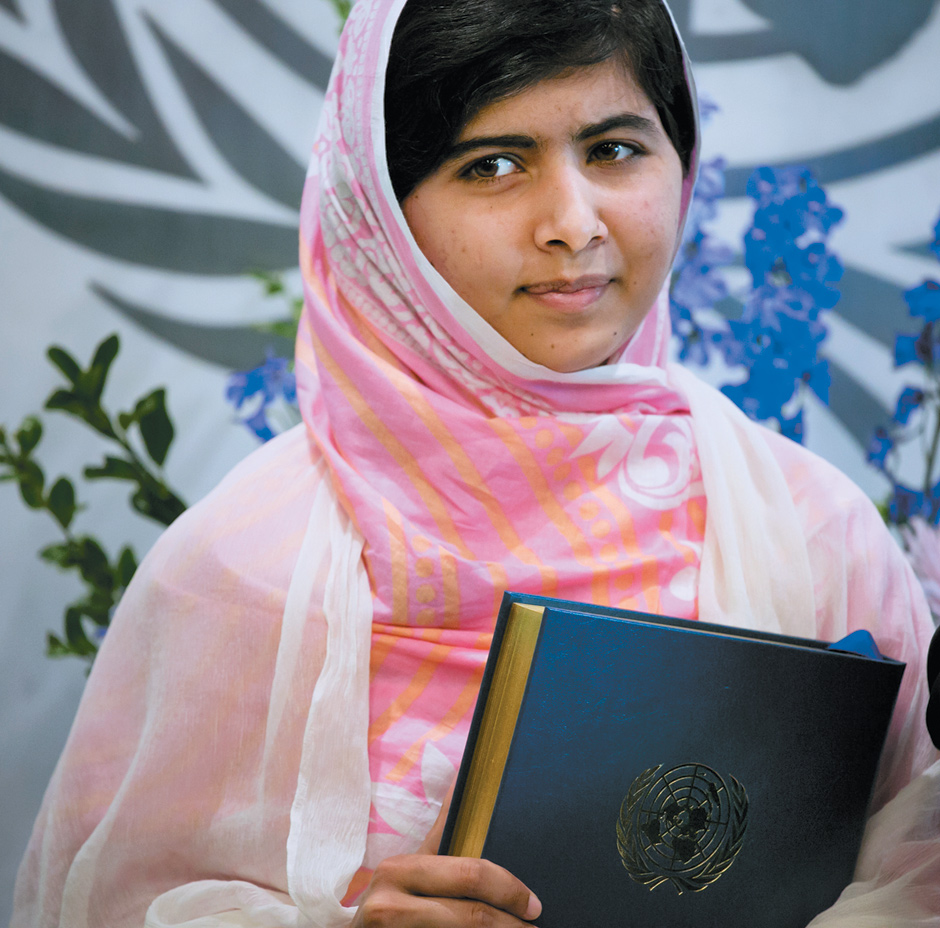 Malala Yousafzai, who survived a 2012 assassination attempt by the Taliban in Pakistan for advocating for the education of girls, at the United Nations, New York City, July 2013