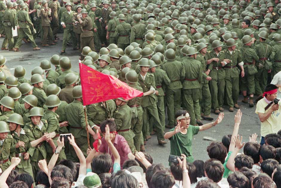 Soldiers and demonstrators at Tiananmen Square, May, 1989