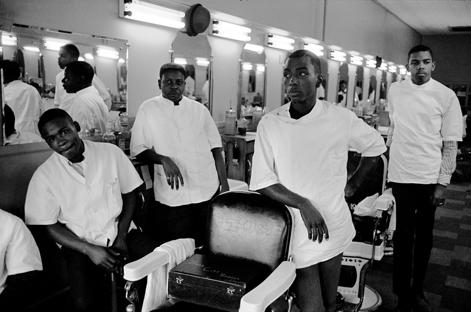 Barber shop, North Carolina, 1963; photograph by Leonard Freed from his ‘Black in White America’ series. A collection of Freed’s photographs of the 1963 March on Washington, This Is the Day, was published last year by the J. Paul Getty Museum.