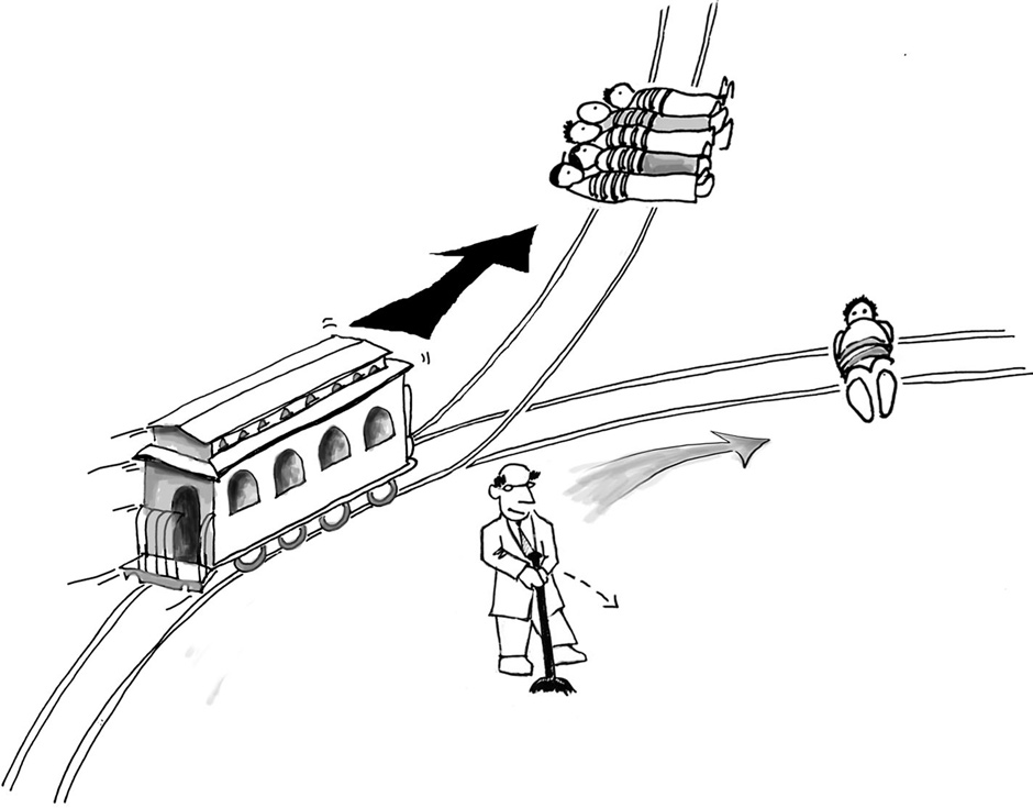 The Trolley Problem, described as follows by David Edmonds in Would You Kill the Fat Man?: ‘You’re standing by the side of a track when you see a runaway train hurtling toward you: clearly the brakes have failed. Ahead are five people tied to the track. If you do nothing, the five will be run over and killed. Luckily you are next to a signal switch: turning this switch will send the out-of-control train down a side track, a spur, just ahead of you. Alas, there’s a snag: on the spur you spot one person tied to the track: changing the direction will inevitably result in this person being killed. What should you do?’