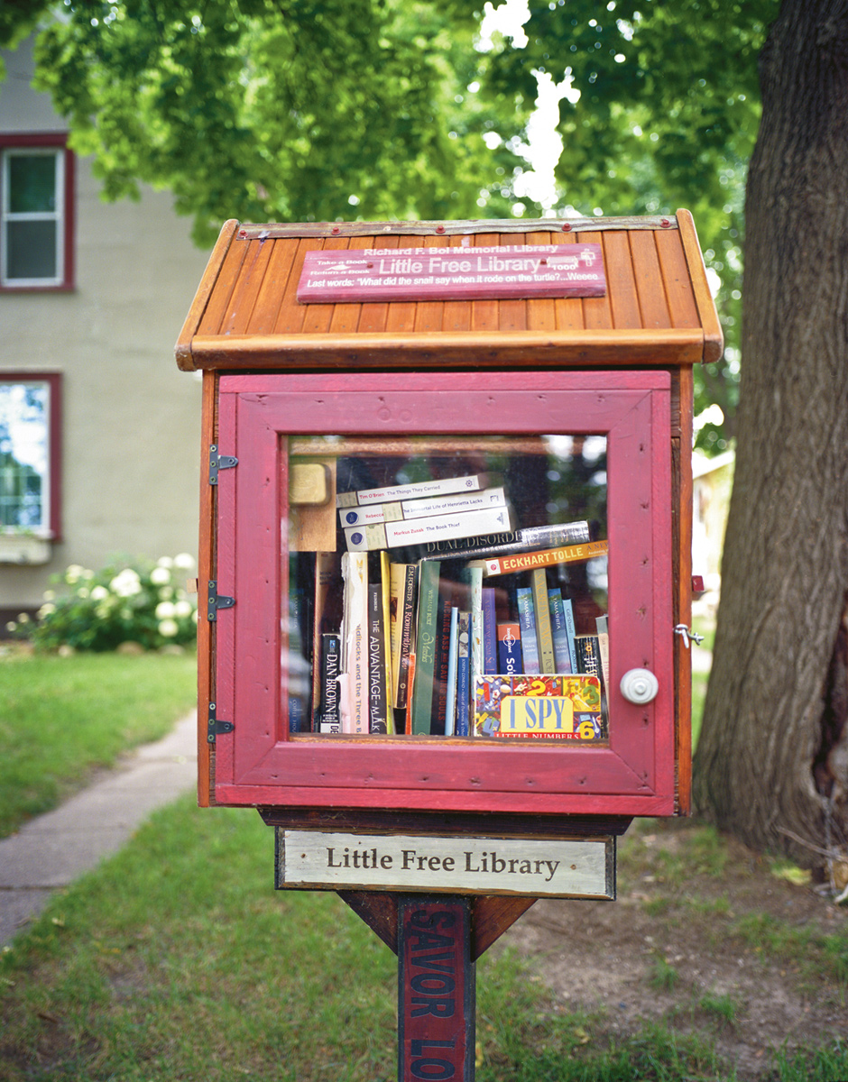 The first Little Free Library, inviting visitors to ‘take a book, leave a book,’ Hudson, Wisconsin, 2012; photograph by Robert Dawson from his book The Public Library: A Photographic Essay, just published by Princeton Architectural Press